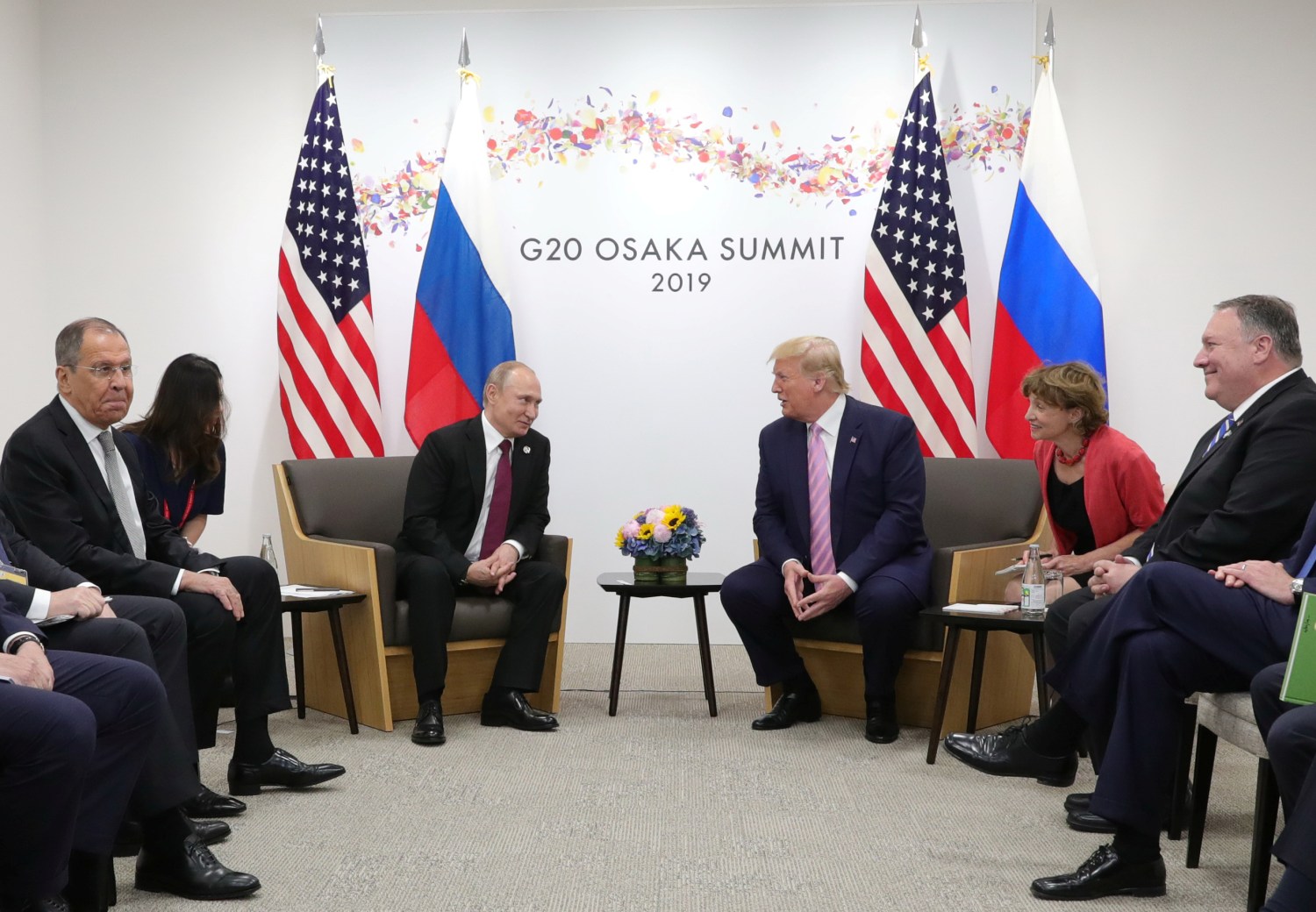 Russia's President Vladimir Putin (3rd L), Russia's Foreign Minister Sergei Lavrov (L), U.S. President Donald Trump (3rd R) and U.S. Secretary of State Mike Pompeo (R) attend a meeting on the sidelines of the G20 summit in Osaka, Japan June 28, 2019. Sputnik/Mikhail Klimentyev/Kremlin via REUTERS  ATTENTION EDITORS - THIS IMAGE WAS PROVIDED BY A THIRD PARTY.