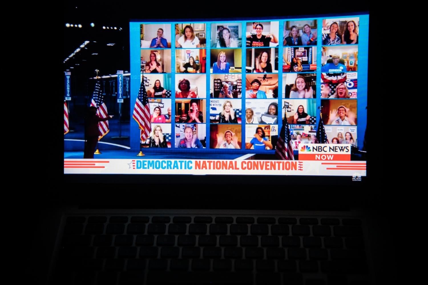 A photo illustration of a laptop computer screen shows Senator Kamala Harris waving to virtual watch party attendees after accepting the Vice Presidential nomination from the Democratic Party, on the third night of the 2020 Democratic National Convention, which is being held almost entirely virtually, in Washington, D.C., on August 19, 2020, amid the Coronavirus pandemic. Before Sen. Kamala Harris officially accepted the Vice Presidential nomination, major Democratic Party figures spoke on night three of the virtual convention, including Speaker Nancy Pelosi, Former President Barack Obama, Senator Elizabeth Warren and Hilary Clinton. (Graeme Sloan/Sipa USA)No Use UK. No Use Germany.