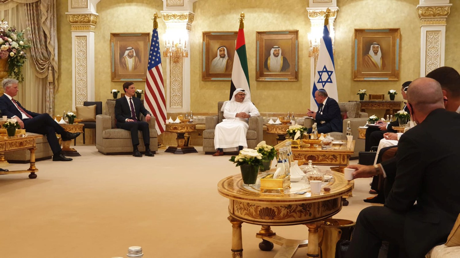 Israeli National Security Advisor Meir Ben-Shabbat, U.S. President's senior adviser Jared Kushner and Minister of State for Foreign Affairs Anwar Gargash hold a meeting in Abu Dhabi, United Arab Emirates August 31, 2020. Government Press Office (GPO)/Handout via REUTERS THIS IMAGE HAS BEEN SUPPLIED BY A THIRD PARTY