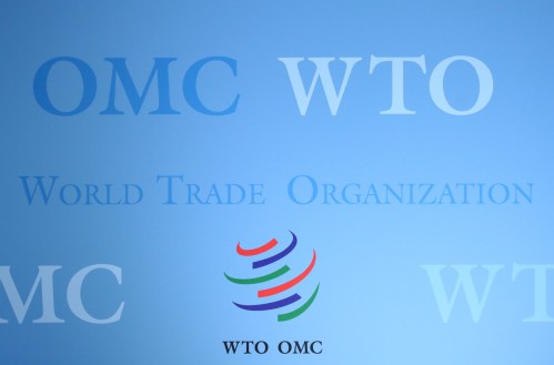 The logo of the World Trade Organization (WTO) is pictured in Geneva, Switzerland.