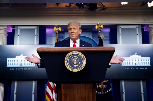 US President Donald J. Trump holds a news briefing in the James Brady Press Briefing Room of the White House in Washington, ?DC, USA, 10 September 2020. Trump fielded questions regarding comments he made to journalist Bob Woodward, author of the forthcoming book ëRageí, that downplayed the threat of the coronavirus. No Use UK. No Use Germany.