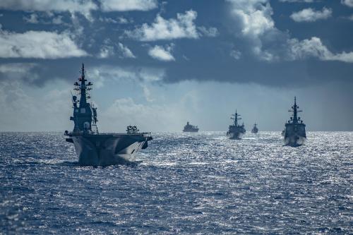 Hand out photo dated September 11, 2020 of Royal Australian Navy, Republic of Korea Navy, Japan Maritime Self-Defense Force, and United States Navy warships sail in formation during the Pacific Vanguard 2020 exercise. Pacific Vanguard serves as an opportunity to exercise and improve multinational interoperability at all levels; to improve tactical proficiency; and to adapt to ever changing regional challenges. Arleigh Burke-class guided-missile destroyer USS Barry (DDG 52) is underway conducting operations in support of security and stability in the Indo-Pacific while assigned to Destroyer Squadron (DESRON) 15, the Navys largest forward-deployed DESRON and the U.S. 7th Fleets principal surface force. Photo by Lieutenant Junior Grade Samuel Hardgrove/US Navy via ABACAPRESS.COM