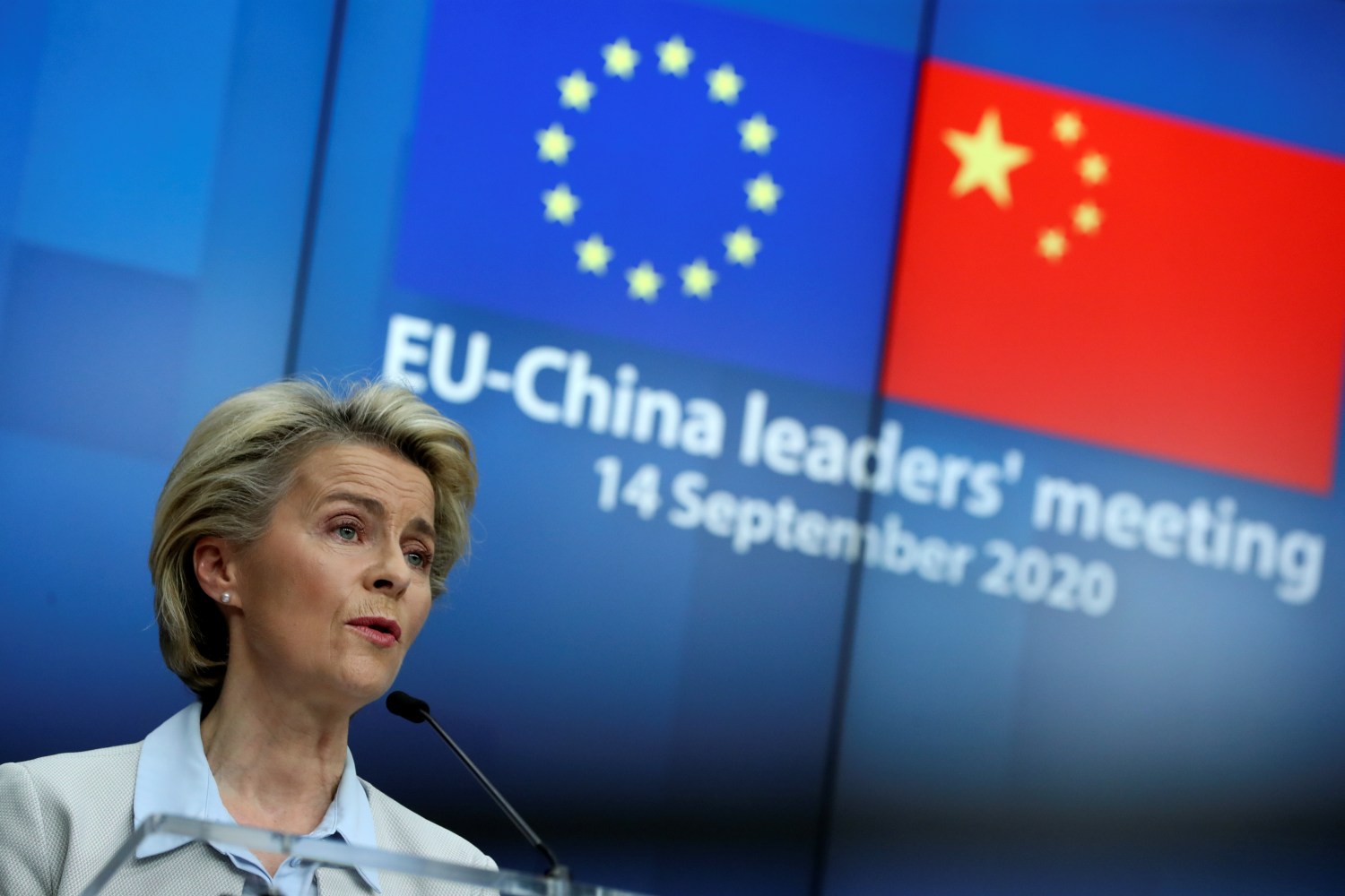 European Commission President Ursula von der Leyen and European Council President Charles Michel (not pictured), connected via video with German Chancellor Angela Merkel, hold a news conference after a virtual summit with China's President Xi Jinping, in Brussels, Belgium, September 14, 2020. REUTERS/Yves Herman/Pool