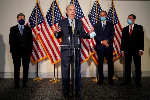 Senate Majority Leader Mitch McConnell (R-KY) speaks to the media after the Republican policy luncheon on Capitol Hill in Washington, U.S., September 22, 2020.      REUTERS/Joshua Roberts