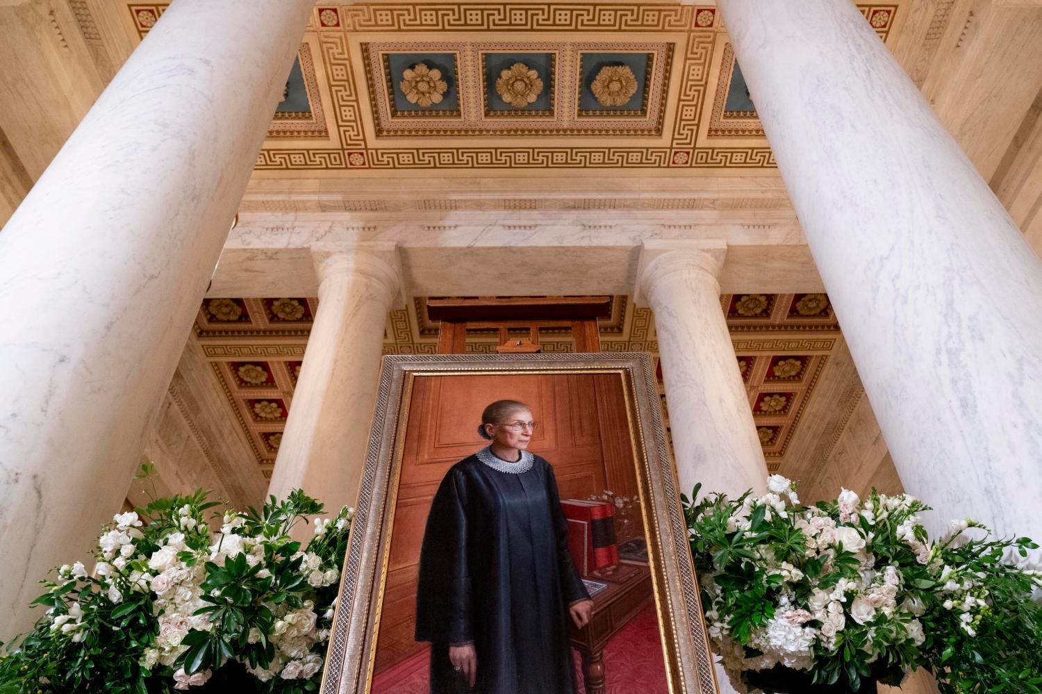 Sep 23, 2020; Washington, DC, USA; A 2016 portrait of Associate Justice Ruth Bader Ginsburg by artist Constance P. Beaty is displayed in the Great Hall following a private ceremony for her at the Supreme Court in Washington, Wednesday, Sept. 23, 2020. Ginsburg, 87, died of cancer on Sept. 18. Mandatory Credit: Andrew Harnik/Pool Photo-USA TODAY NETWORK
