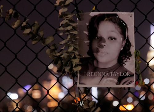 A picture of Breonna Taylor is seen at a makeshift memorial for victims of racial injustice, following the announcement of a single indictment in Taylor's case, in the Brooklyn borough of New York City, New York, U.S., September 24, 2020. REUTERS/Brendan McDermid     TPX IMAGES OF THE DAY