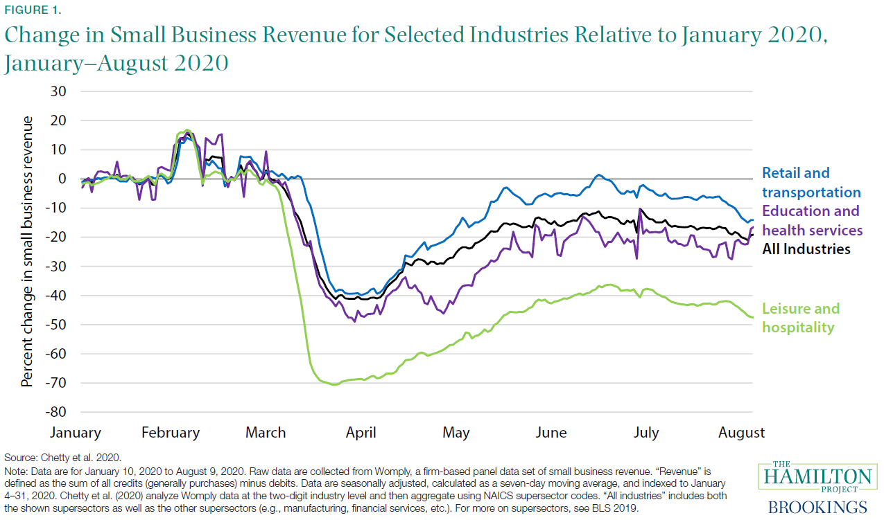 Change in Small Business Revenue for Selected Industried Relative to January 2020, January–August 2020