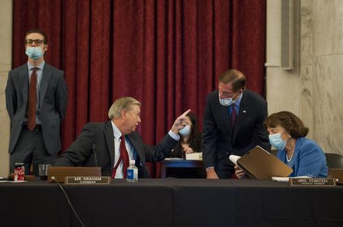 United States Senator Lindsey Graham (Republican of South Carolina), Chairman, US Senate Judiciary Committee, left, US Senator Richard Blumenthal (Democrat of Connecticut), center, and US Senator Dianne Feinstein (Democrat of California), Ranking Member, US Senate Judiciary Committee, right, chat prior to the committee markup of the "Eliminating Abusive and Rampant Neglect of Interactive Technologies (EARN IT) Act of 2020," and judicial nominations in Russell Senate Office Building on Capitol Hill in Washington, DC, USA, Thursday, July 2, 2020. Photo by Rod Lamkey/CNP/ABACAPRESS.COM