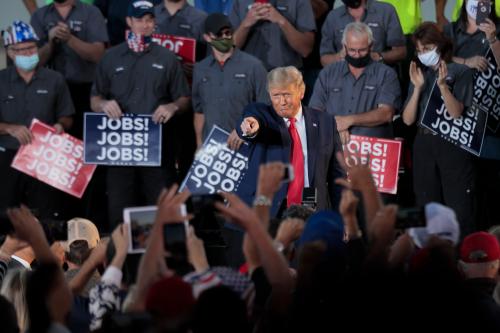 Sep 21, 2020; Vandalia, OH, USA;  President Donald Trump acknowledges the crowd after finishing his speech during the  Fighting for the American Worker  rally on Monday, Sept. 21, 2020 at the Wright Bros. Aero Hangar at the Dayton International Airport in Vandalia, Ohio. Mandatory Credit: Joshua A. Bickel/Columbus Dispatch-USA TODAY NETWORK