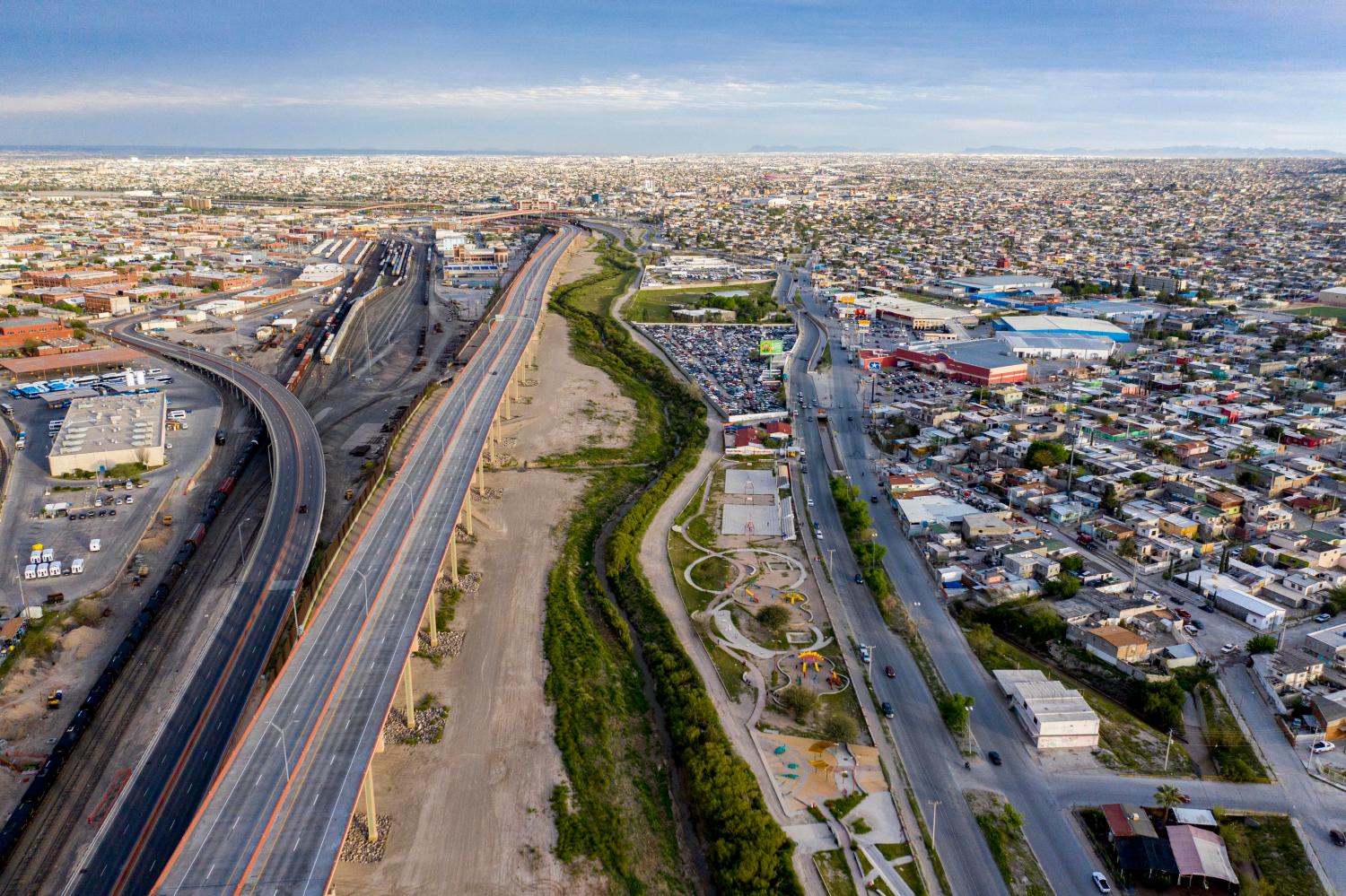 March 29, 2020; El Paso, Texas, USA; View of the Rio Grande between El Paso, left, and Juarez, right, during the COVID-19 pandemic health crisis. Mandatory Credit: Ivan Pierre Aguirre-USA TODAY NETWORK