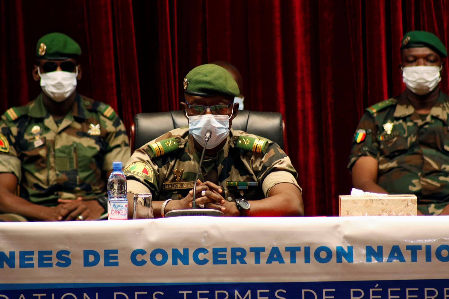 FILE PHOTO: Colonel Malick Diaw, one of the junta leaders of the National Committee for the Salvation of the People (CNSP), which overthrew Mali's President Ibrahim Boubacar Keita,attends a meeting with representatives of political parties and civil society groups to discuss forming a transitional government in Bamako, Mali September 5, 2020. REUTERS/Moussa Kalapo NO RESALES. NO ARCHIVES./File Photo