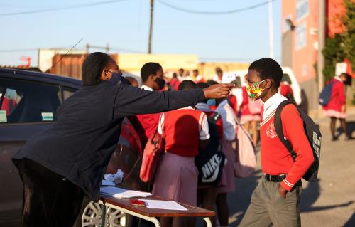 SOUTH AFRICA - Durban - 08 July 2020 - Grade 11 pupils from J.G Zuma High School in Kwamashu, Durban queue early in the morning joining other pupils over 2 million from grade R, 6 and 11 pupils as they return to the classrooms after almost four months at home.Picture: Motshwari Mofokeng/African News Agency/RealTime Images/ABACAPRESS.COMNo Use South Africa out.