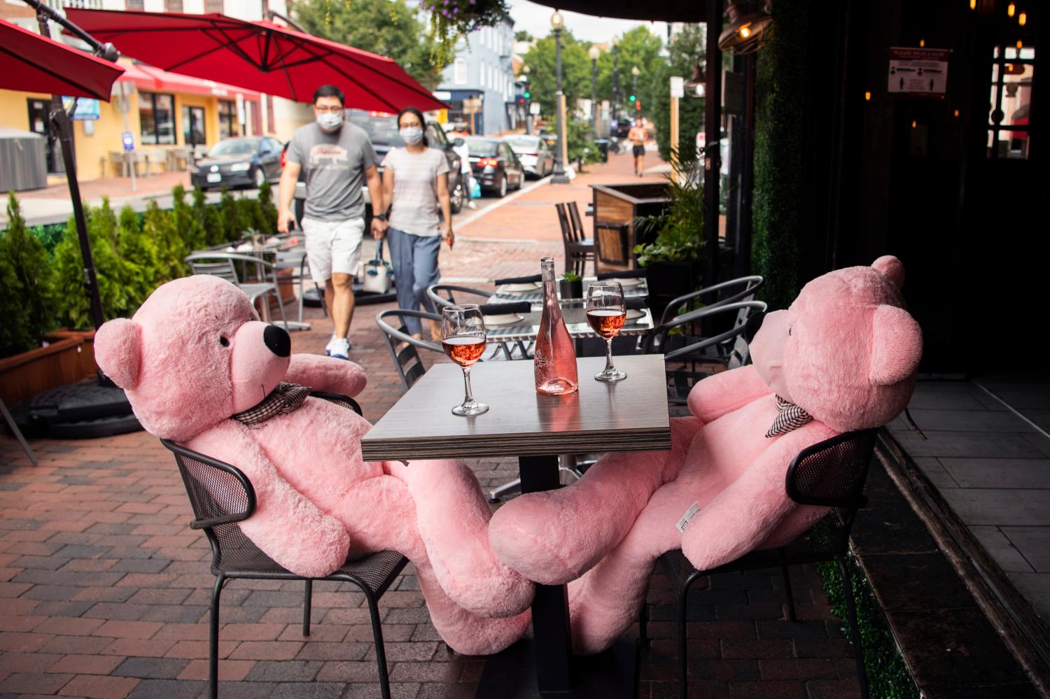 UNITED STATES - SEPTEMBER 3: Teddy Bears are seated to maintain distance between tables at Flavio Restaurant in Georgetown on Thursday, September 3, 2020. (Photo By Tom Williams/CQ Roll Call/Sipa USA)No Use UK. No Use Germany.