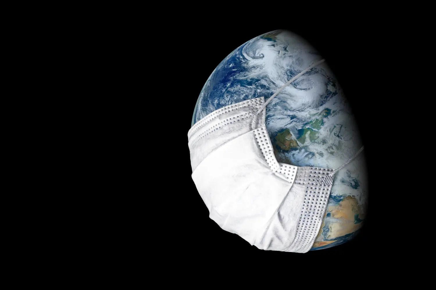 Picture of the planet Earth wearing a surgical mask.