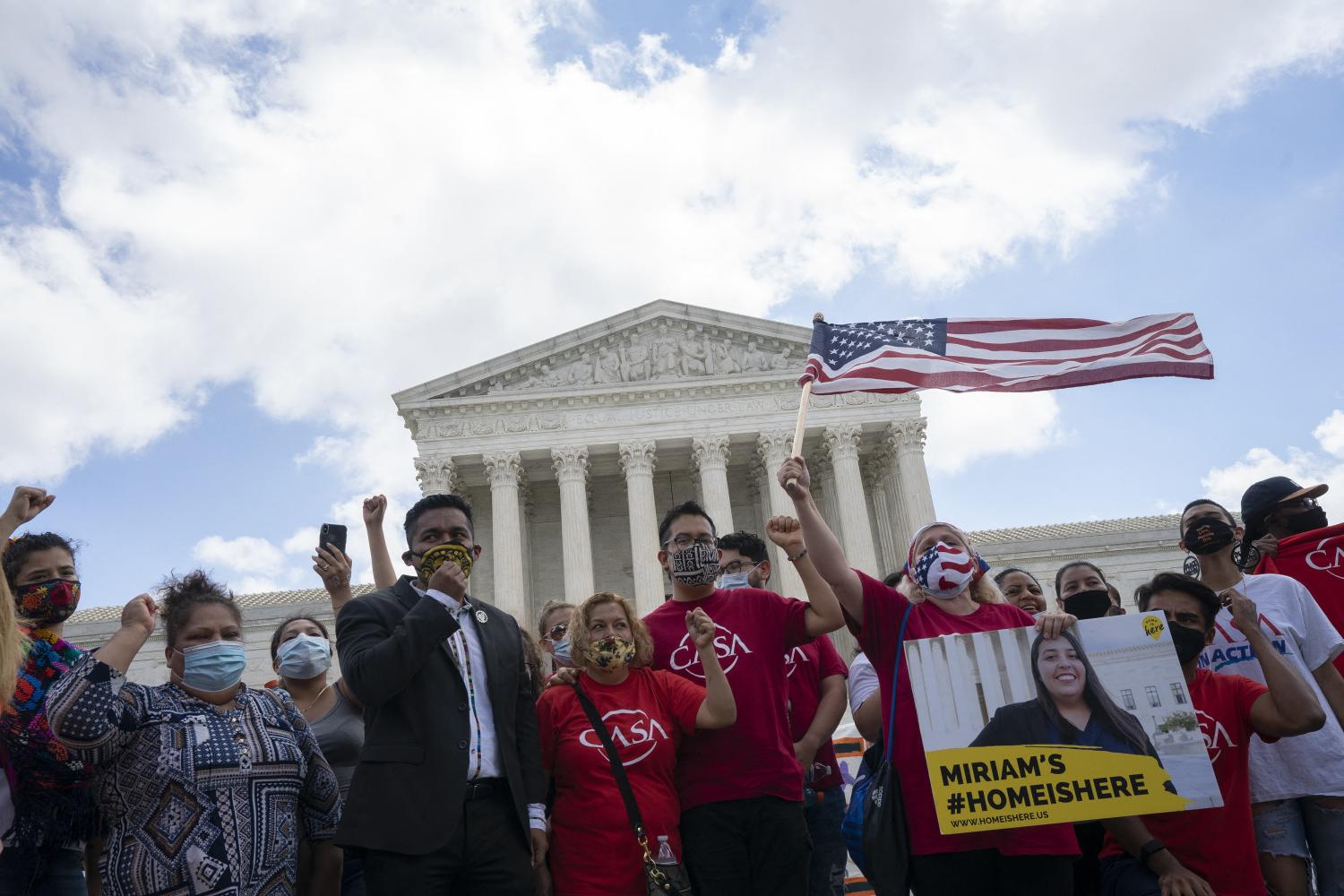 A group of people rally outside the United States Supreme Court in Washington, DC, USA on Thursday, June 18, 2020. The Court ruled on Thursday that United States President Donald J. Trump could not immediately end the DACA program. Photo by Stefani Reynolds/CNP/ABACAPRESS.COM