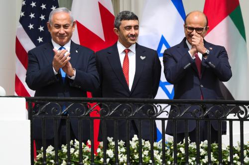 Benjamin Netanyahu, Prime Minister of the State of Israel, Abdullah bin Zayed Al Nahyan, Minister of Foreign Affairs and International Cooperation of the United Arab Emirates, and Dr. Abdullatif bin Rashid Al Zayani, Minister of Foreign Affairs for the Kingdom of Bahrain, watch during the Abraham Accords Signing Ceremony at the White House on Tuesday, Sep. 15, 2020 in Washington, DC. (Photo by Oliver Contreras/SIPA USA)No Use UK. No Use Germany.