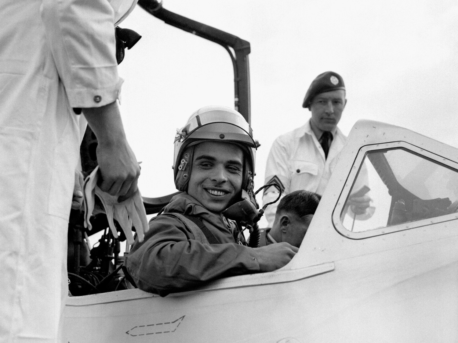 King Hussein of Jordan in the cockpit of a Vampire T.11 jet trainer preparing to take a flight during his visit to RAF Biggin Hill in Kent as part of his official visit to Britain.No Use UK. No Use Ireland. No Use Belgium. No Use France. No Use Germany. No Use Japan. No Use China. No Use Norway. No Use Sweden. No Use Denmark. No Use Holland