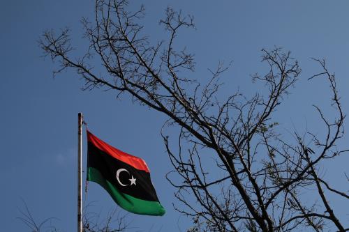 A Libyan flag flutters atop the Libyan Consulate in Athens, Greece, December 6, 2019. REUTERS/Costas Baltas