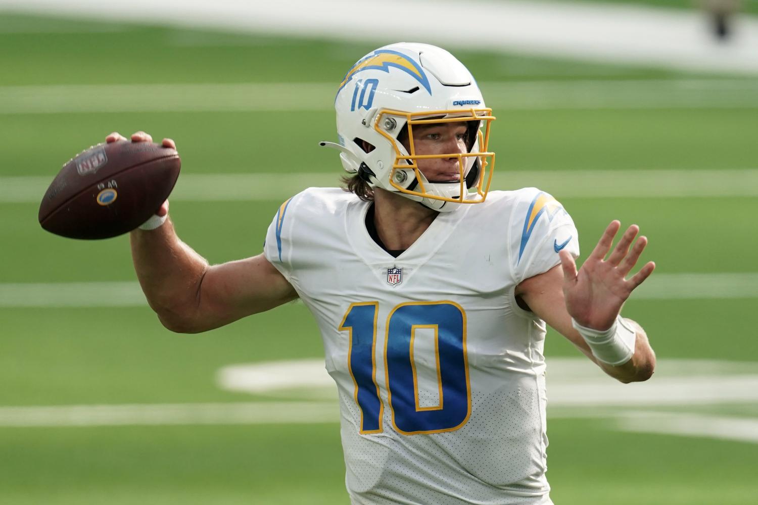 Sep 27, 2020; Inglewood, California, USA; Los Angeles Chargers quarterback Justin Herbert (10) throws the ball in the fourth quarter against the Carolina Panthers at SoFi Stadium. The Panthers defeated the Chargers 21-16. Mandatory Credit: Kirby Lee-USA TODAY Sports