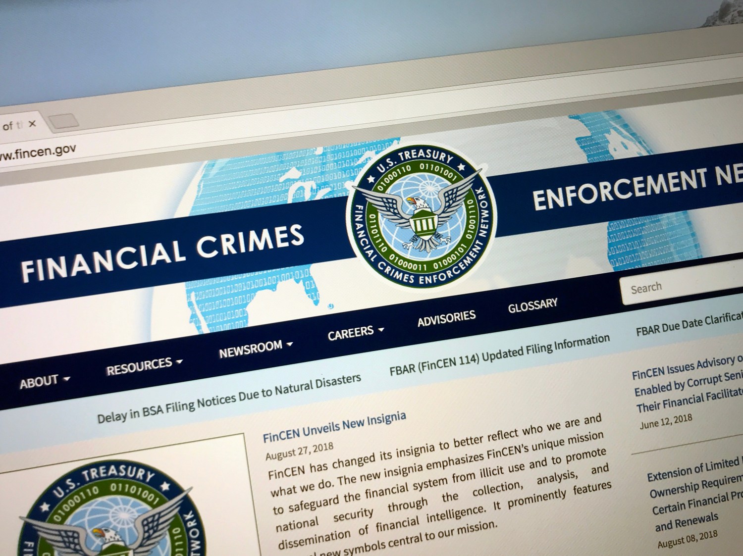 Website of The Financial Crimes Enforcement Network or FinCEN, a bureau of the U.S. Department of the Treasury.
