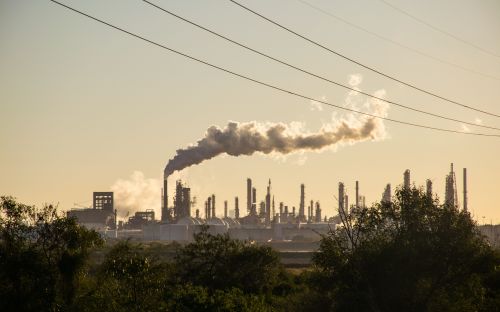 Smoke stacks of an oil refinery in Corpus Christi, Texas