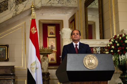 Egyptian President Abdel Fattah al-Sissi speaks during a joint press conference with his Egyptian counterpart Francois Hollande at the presidential palace of al- Orouba for the official visit of the French president, Cairo on April 17, 2016. Cairo, Egypt, April 17, 2016. Photo by Etienne Bouy/ABACAPRESS.COM