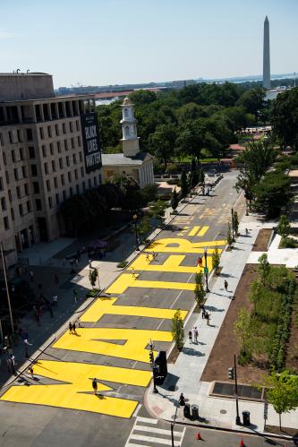 UNITED STATES - JULY 27: Black Lives Matter Plaza on 16th NW, is pictured before the procession for the late Rep. John Lewis, D-Ga., passed by en route to the U.S. Capitol Building for his memorial service on Monday, July 27, 2020. Mayor Muriel Bowser conducted a brief ceremony on the plaza at 16th and I Streets, NW. (Photo By Tom Williams/CQ Roll Call/Sipa USA)No Use UK. No Use Germany.