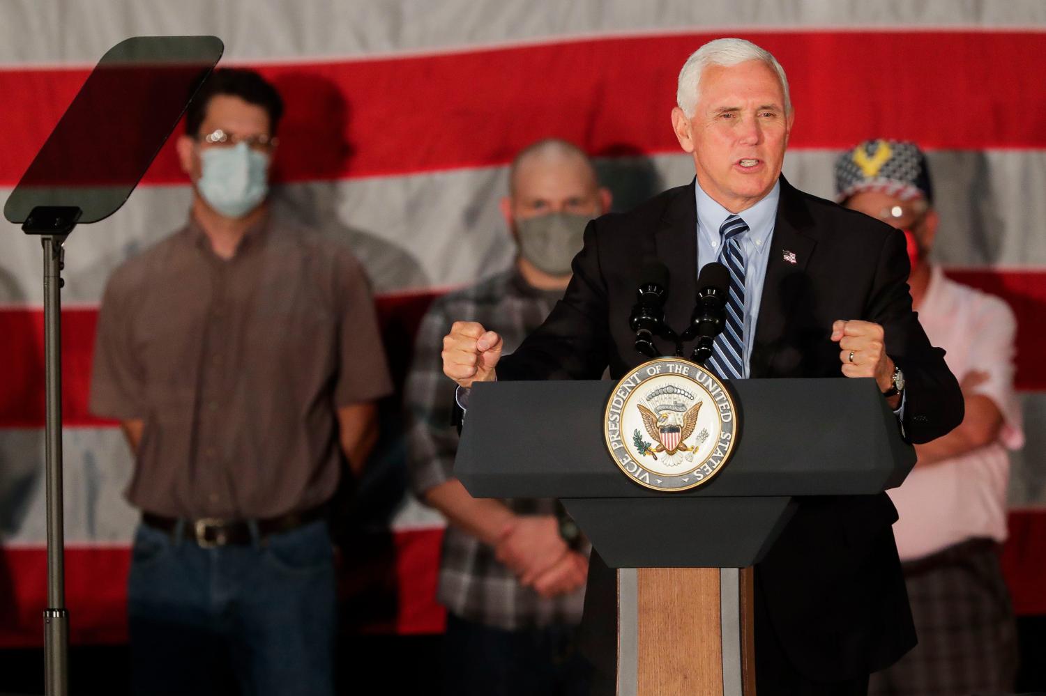 Vice President Mike Pence addresses supporters on Thursday, Sept. 24, 2020, at Midwest Manufacturing in Eau Claire, Wis. Pence toured the facility and addressed supporters as part of a "Made in America" event stressing the importance of the American manufacturing industry.MJS-pence25p1