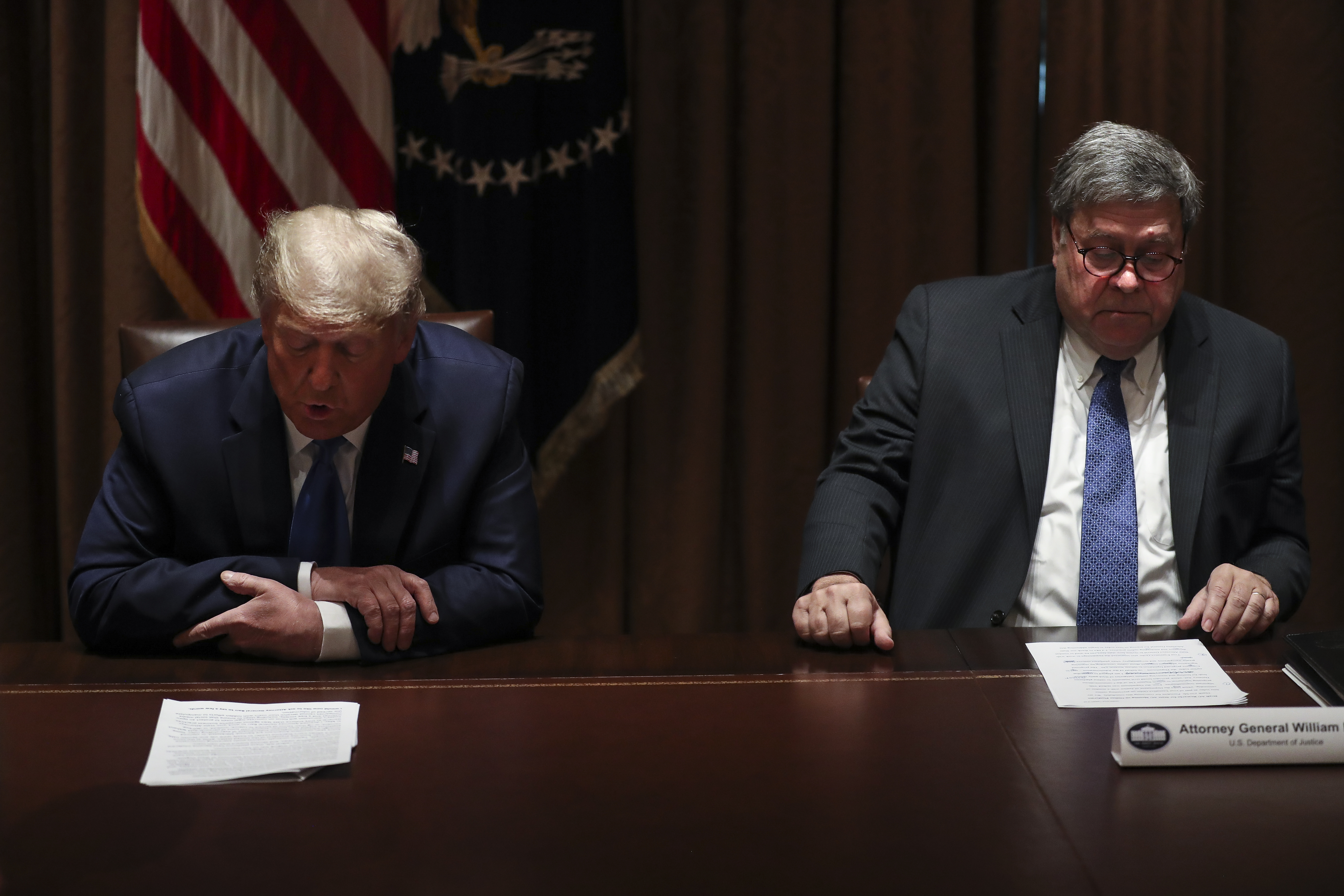 President Donald Trump speaks as US Attorney General William Barr listens during a discussion with State Attorneys General on Protecting Consumers from Social Media Abuses in the Cabinet Room of the White House on Wednesday, Sep. 23, 2020 in Washington, DC.
(Photo by Oliver Contreras/For The New York Times)No Use UK. No Use Germany.
