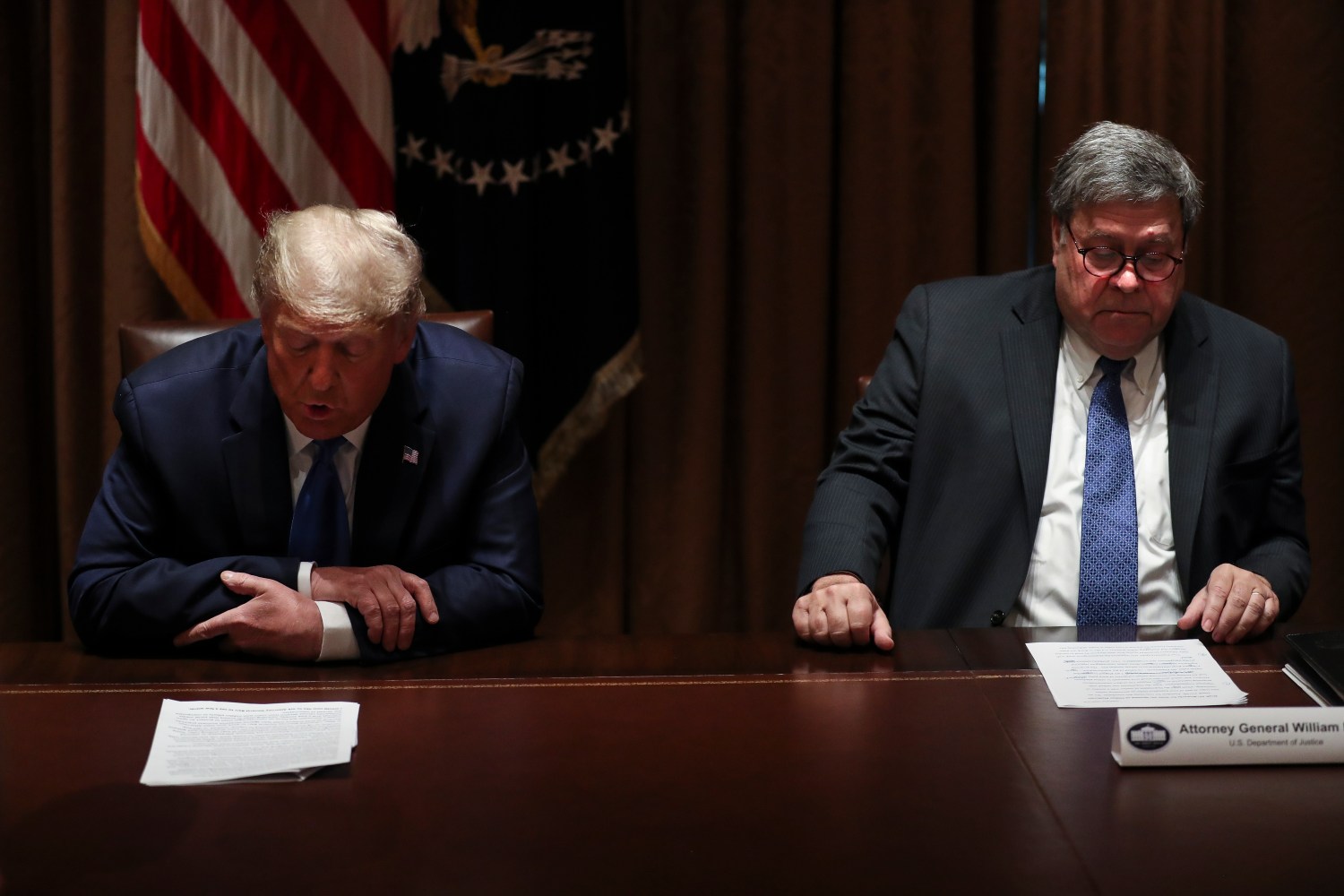 President Donald Trump speaks as US Attorney General William Barr listens during a discussion with State Attorneys General on Protecting Consumers from Social Media Abuses in the Cabinet Room of the White House on Wednesday, Sep. 23, 2020 in Washington, DC.(Photo by Oliver Contreras/For The New York Times)No Use UK. No Use Germany.