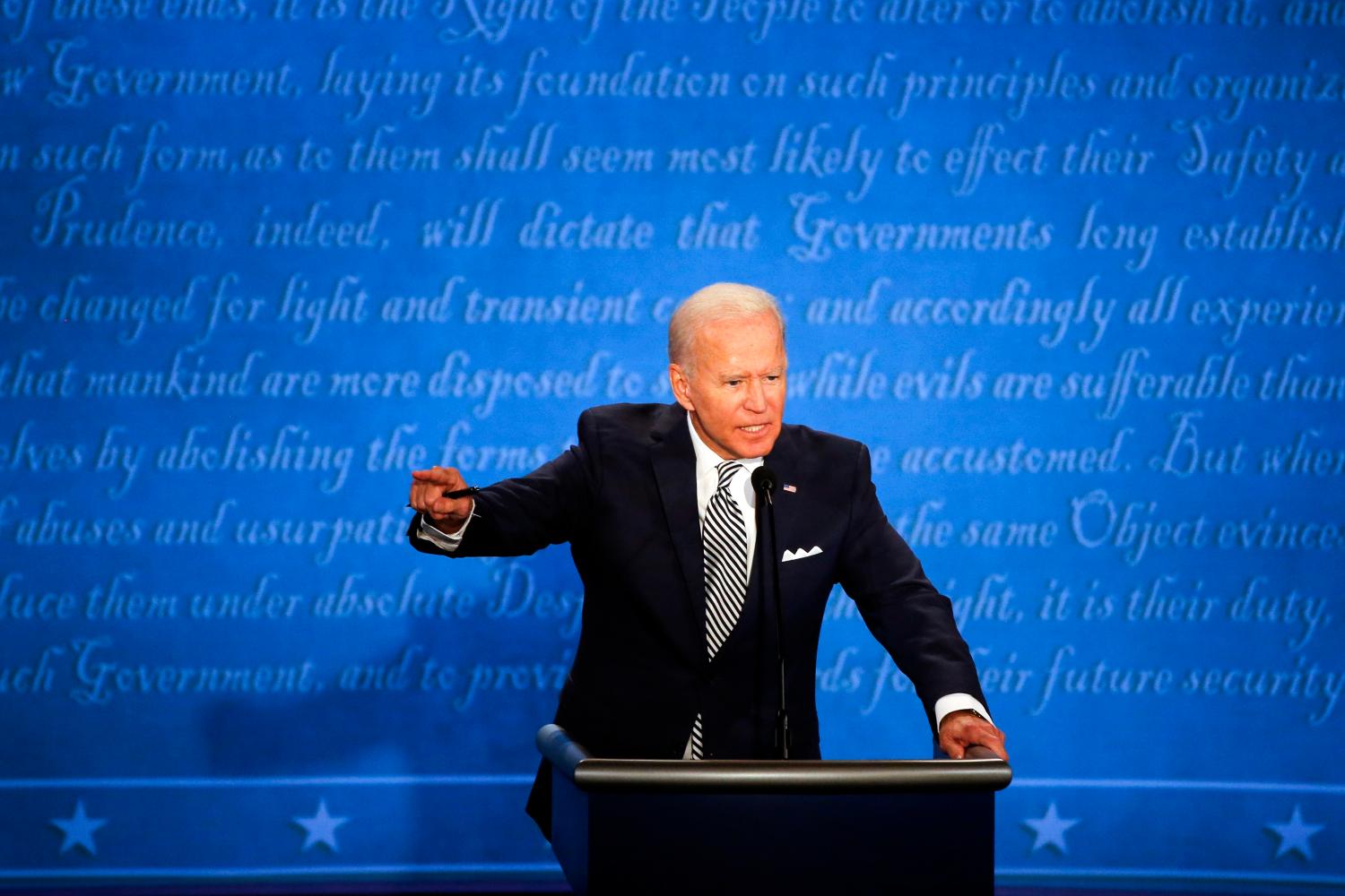 Sep 29, 2020; Cleveland, OH, USA; Democratic presidential candidate, former Vice President Joe Biden debates President Donald Trump in the first Presidential debate in the Sheila and Eric Samson Pavilion at the Cleveland Clinic, Tuesday, Sept. 29, 2020, in Cleveland. Mandatory Credit: Meg Vogel/Cincinnati Enquirer via USA TODAY NETWORK