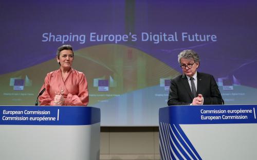 European Commissioner for a Europe Fit for the Digital Age Margrethe Vestager and European Internal Market Commissioner Thierry Breton attend the presentation of the European Commission's data/digital strategy in Brussels, Belgium February 19, 2020.