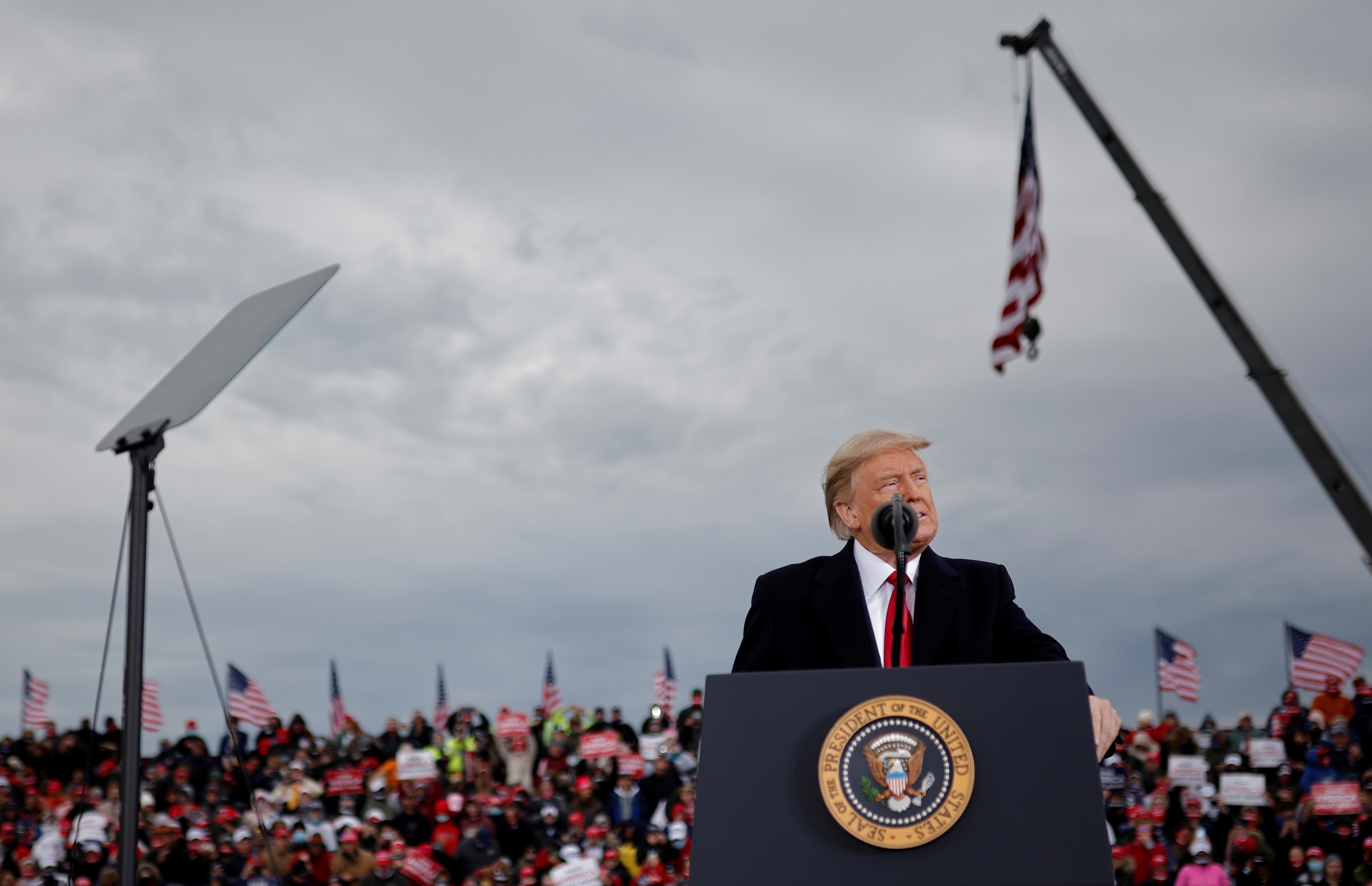 U.S. President Donald Trump speaks during a campaign rally at Muskegon County Airport in Muskegon, Michigan U.S., October 17, 2020. REUTERS/Carlos Barria