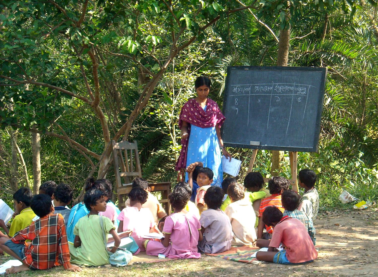 Childen sit on the ground in a outdoor school during a lesson in Santiniketan village in this undated handout photograph. In Santiniketan village in West Bengal -- the home of Nobel literature prize winner Rabindranath Tagore -- a voluntary initiative helping local Kora and Santhali tribal children to read and write Bengali is now so popular it needs a second building. To match Reuters Life! INDIA- /   REUTERS/Stringer (INDIA - Tags: SOCIETY EDUCATION)