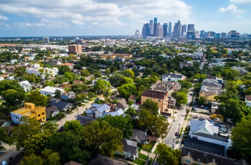 The Houston, Texas skyline viewed from the suburbs.