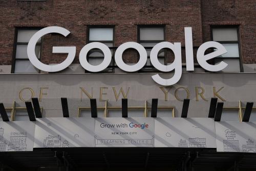 A Google sign is pictured on a Google building in the Manhattan borough of New York City, New York, U.S., October 20, 2020. REUTERS/Carlo Allegri