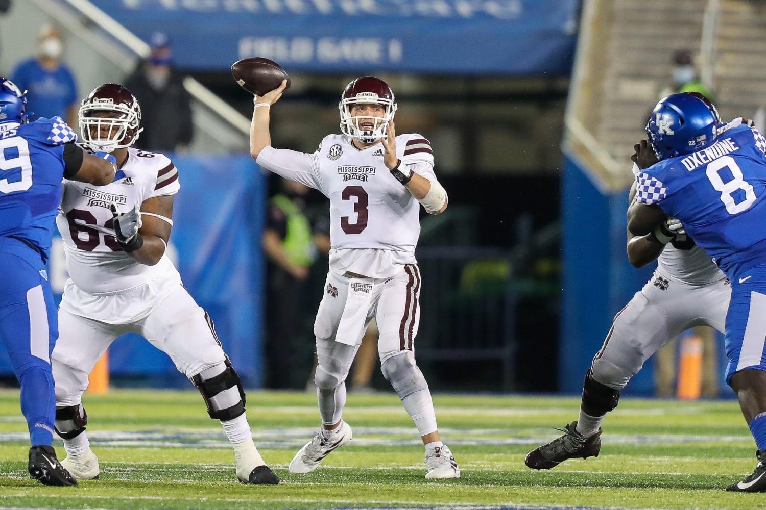 Oct 10, 2020; Lexington, Kentucky, USA; Mississippi State Bulldogs quarterback K.J. Costello (3) throws a pass against the Kentucky Wildcats in the second half at Kroger Field. Mandatory Credit: Katie Stratman-USA TODAY Sports