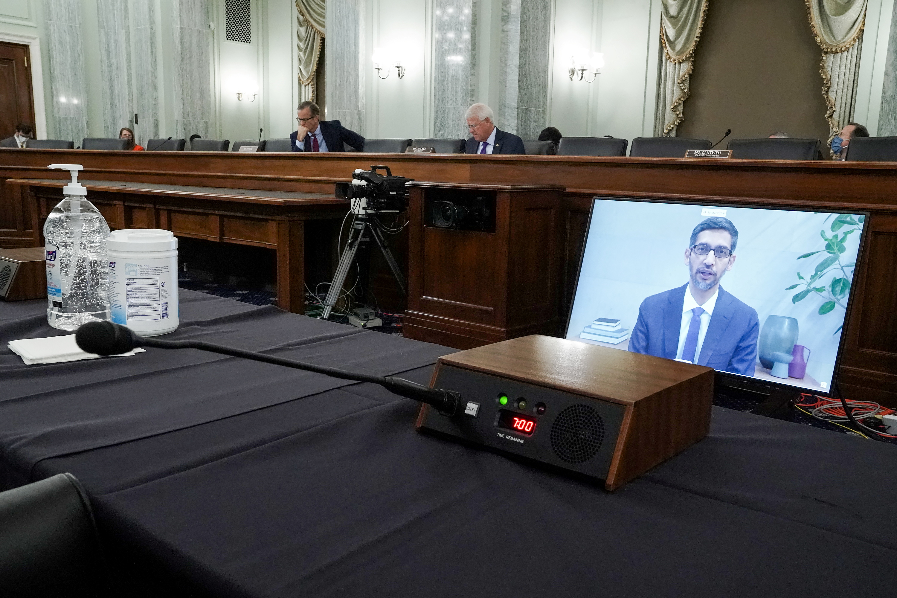 CEO of Google and Alphabet Sundar Pichai testifies remotely during the Senate Commerce, Science, and Transportation Committee hearing 'Does Section 230's Sweeping Immunity Enable Big Tech Bad Behavior?', on Capitol Hill in Washington, DC, U.S., October 28, 2020. Greg Nash/Pool via REUTERS