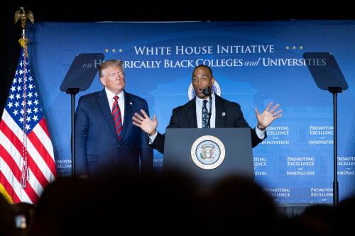 White House Opportunity and Revitalization Council Executive Director Scott Turner speaks alongside President Donald Trump at the 2019 National Historically Black Colleges and Universities Week Conference, in Washington, DC on Tuesday, September 10, 2019. Photo by Kevin Dietsch/Pool/ABACAPRESS.COM