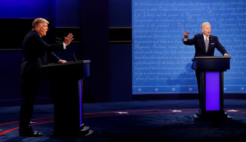 FILE PHOTO: U.S. President Donald Trump and Democratic presidential nominee Joe Biden participate in their first 2020 presidential campaign debate held on the campus of the Cleveland Clinic at Case Western Reserve University in Cleveland, Ohio, U.S., September 29, 2020. REUTERS/Brian Snyder/File Photo