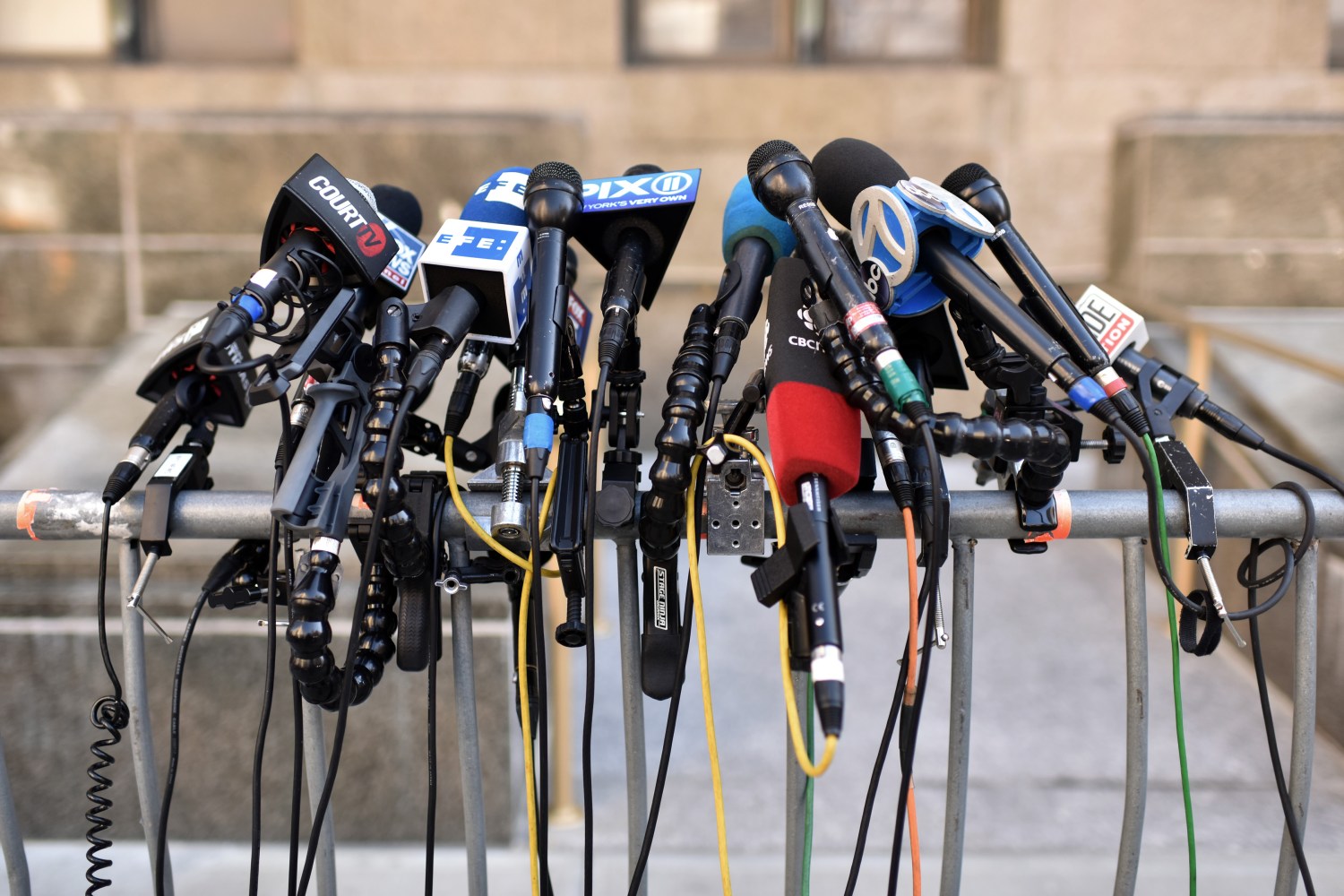 Microphones at the ready as members of the press wait outside the courts as jury deliberates for a second day in the Harvey Weinstein rape trial case at New York City Criminal Court, New York, February 19, 2020. (Anthony Behar/Sipa USA)No Use UK. No Use Germany.