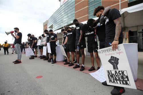 A march for racial justice and Breonna Taylor led by the Louisville Men's Basketball Team, ends with a prayer at Cardinal Stadium on Friday, September 25, 2020.Cardmarch11