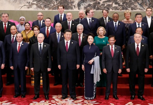 Chinese President Xi Jinping with his wife Peng Liyuan, Russian President Vladimir Putin and other leaders attend a group photo session at a welcoming banquet for the Belt and Road Forum at the Great Hall of the People, in Beijing, China, April 26, 2019. REUTERS/Jason Lee/Pool