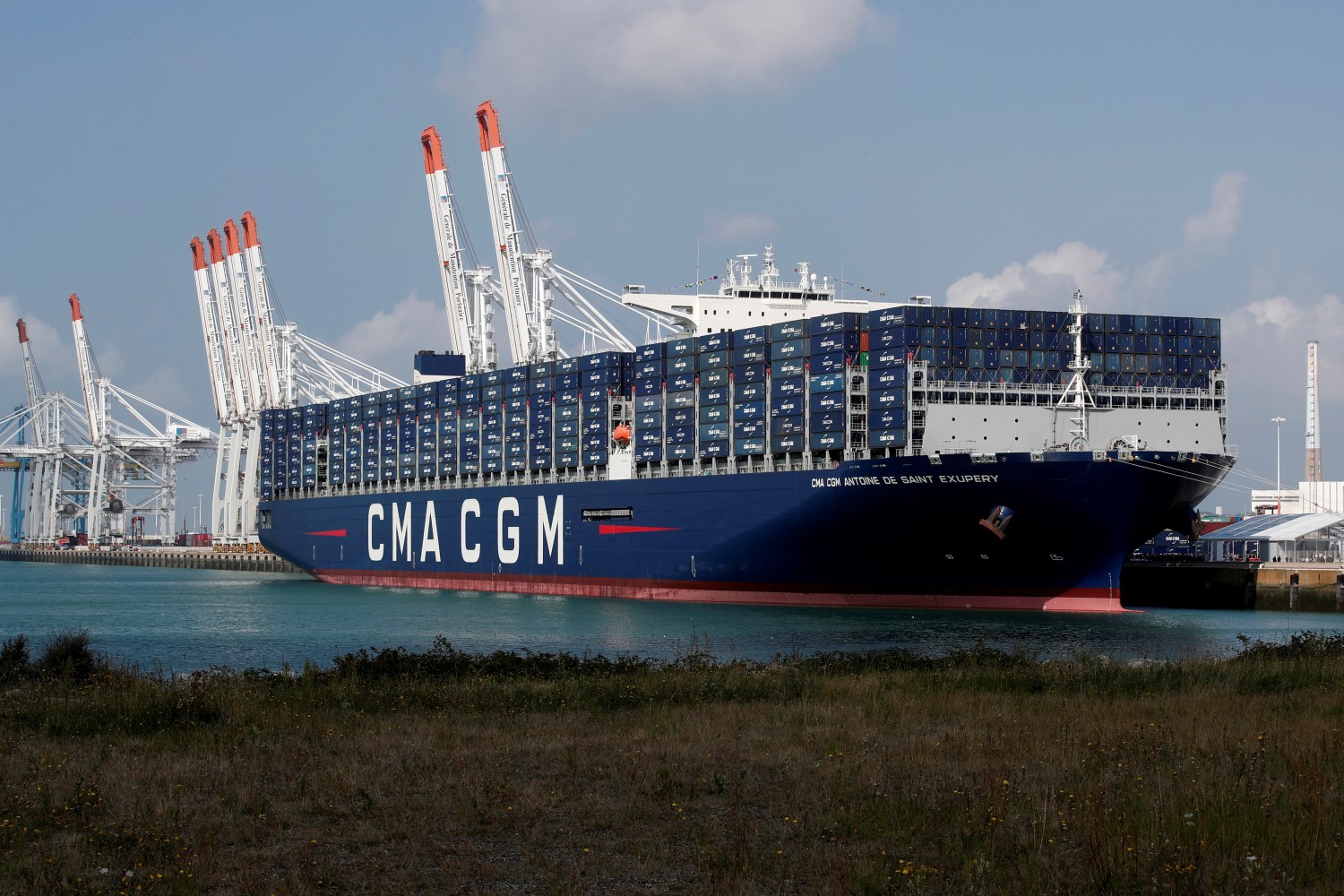 FILE PHOTO: The CMA CGM Antoine de Saint Exupery container ship sits docked during its official inauguration in Le Havre, France September 6, 2018. REUTERS/Benoit Tessier/File Photo