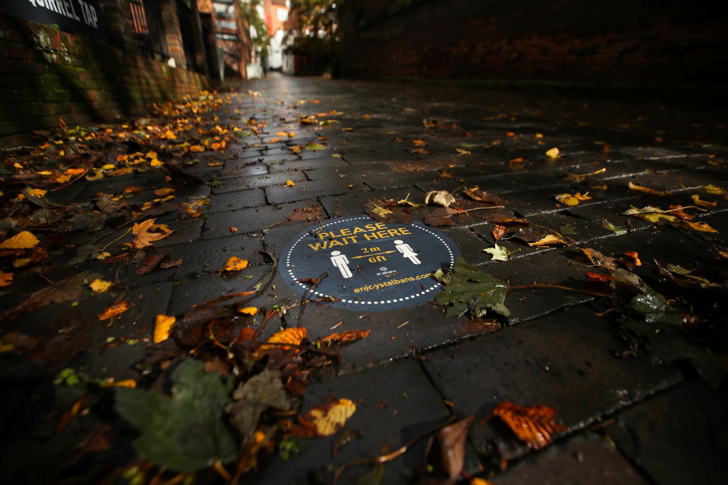 A social distancing sign is seen among autumn leaves, following the outbreak of the coronavirus disease (COVID-19), in St. Albans, Britain, October 8, 2020.  REUTERS/Peter Cziborra