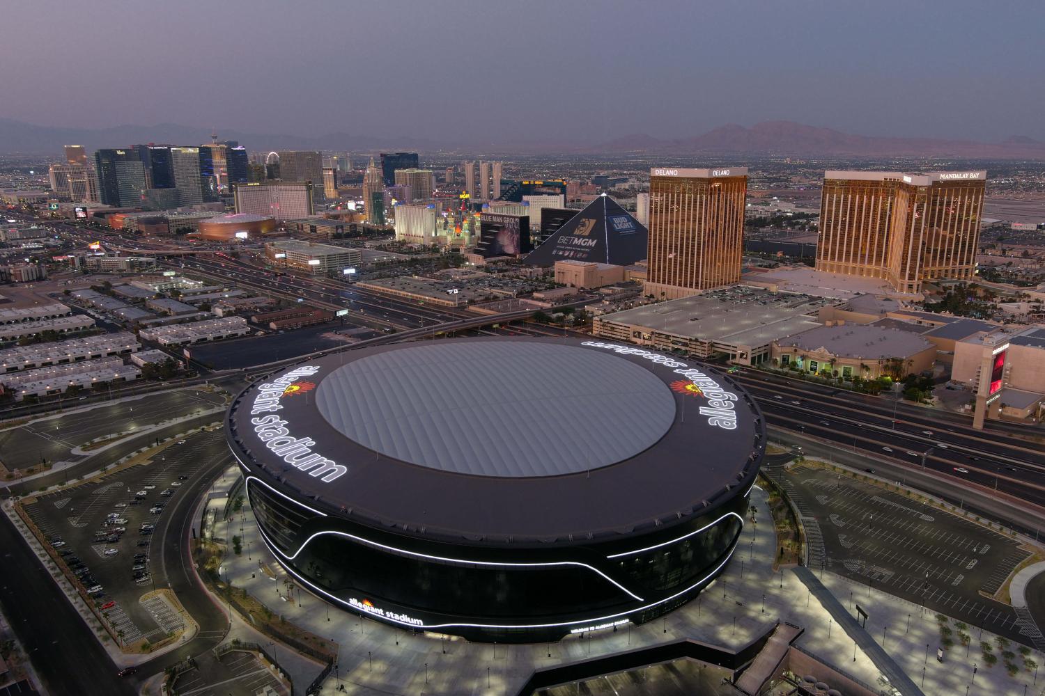 Oct 4, 2020; Paradise, Nevada, USA; A general overall aerial view of Allegiant Stadium and Las Vegas strip during the NFL game between the Buffalo Bills and the Las Vegas Raiders. Mandatory Credit: Kirby Lee-USA TODAY Sports