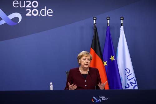 Germany's Chancellor Angela Merkel speaks at the EU summit finale news conference at the European Council building in Brussels, Belgium October 16, 2020. Kenzo Tribouillard/Pool via REUTERS