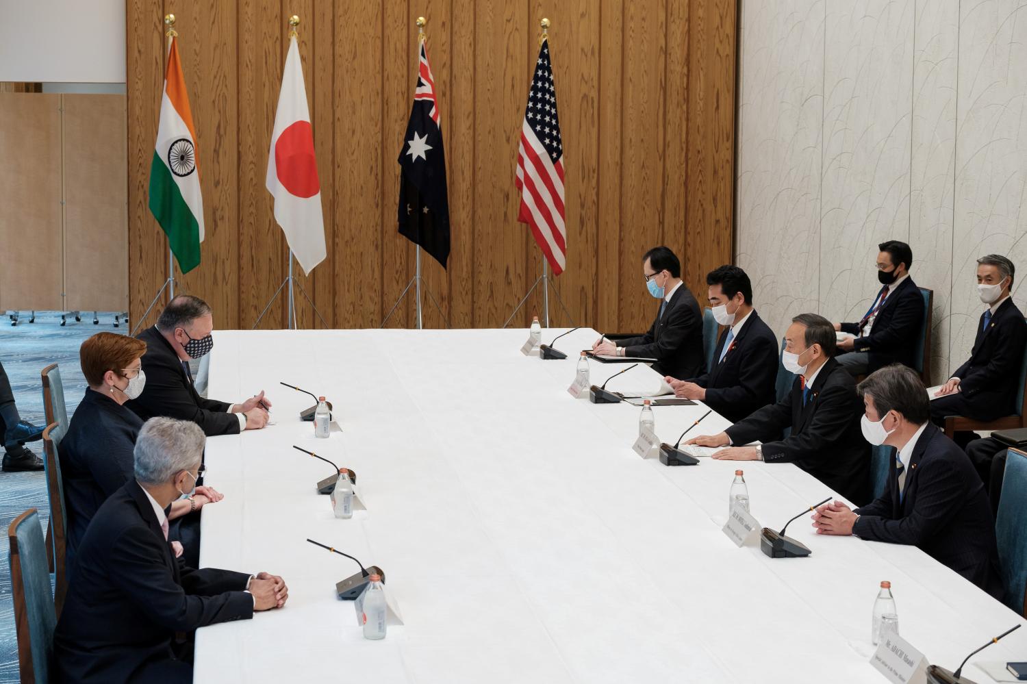 India's Foreign Minister Subrahmanyam Jaishankar, Japan's counterpart Toshimitsu Motegi, Japan's Prime Minister Yoshihide Suga, Australian Foreign Minister Marise Payne and U.S. Secretary of State Mike Pompeo attend the meeting at the prime miniter's office in Tokyo, Japan October 6, 2020.  Nicolas Datiche/Pool via REUTERS
