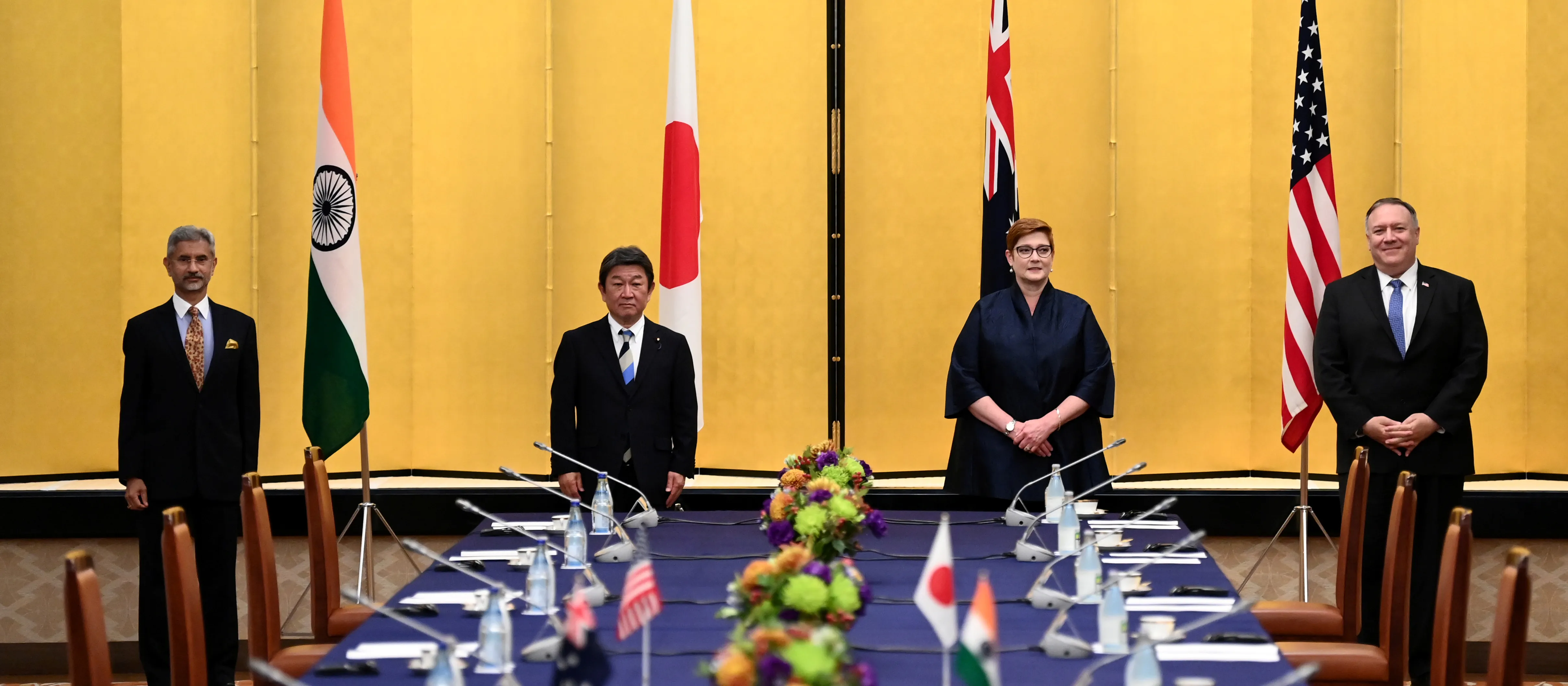 India's Foreign Minister Subrahmanyam Jaishankar, Japan's Foreign Minister Toshimitsu Motegi, Australian Foreign Minister Marise Payne and U.S. Secretary of State Mike Pompeo pose for a picture as they attend a meeting in Tokyo, Japan October 6, 2020.  Charly Triballeau/Pool via REUTERS
