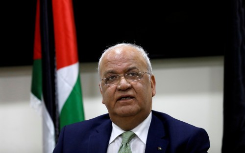 FILE PHOTO: Chief Palestinian negotiator Saeb Erekat looks on during a news conference following his meeting with foreign diplomats, in Ramallah, in the Israeli-occupied West Bank January 30, 2019. REUTERS/Mohamad Torokman/File Photo